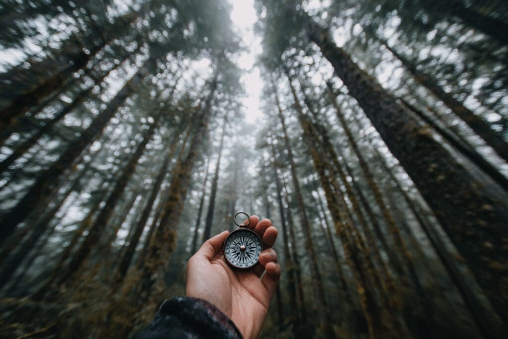 A person with a spinning compass in a forest illustrating the answer to the FAQ can you search for someone on Hinge