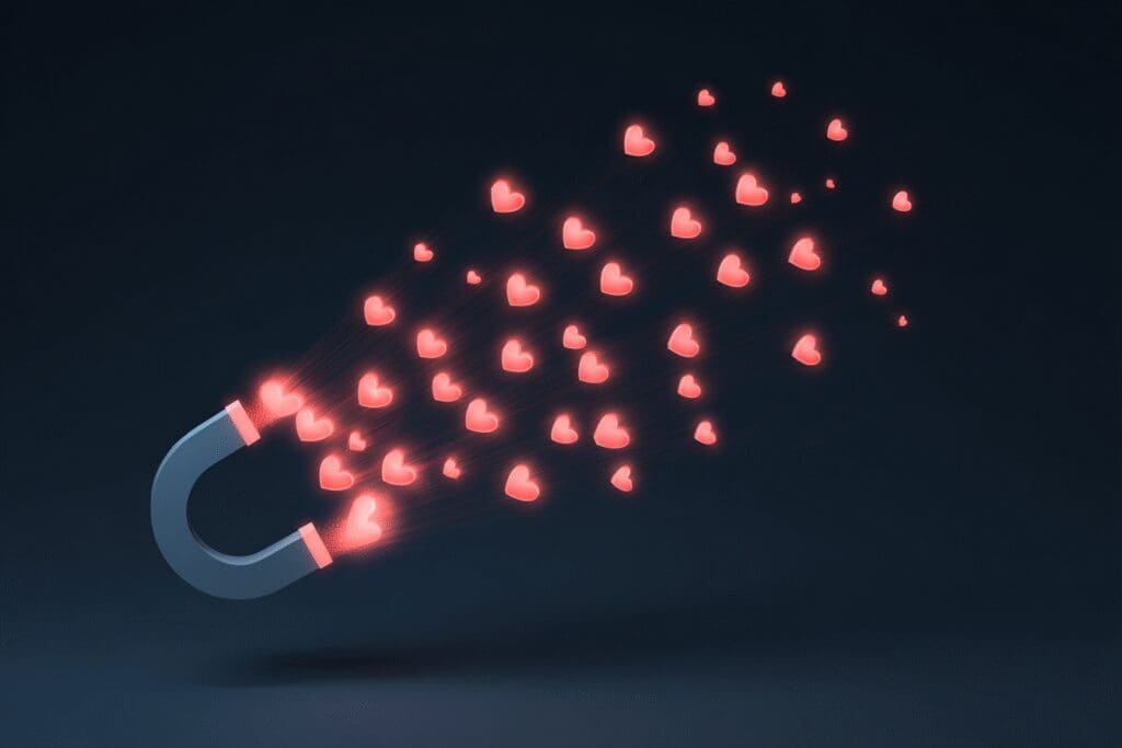 A profile magnet attracting heart icons a guide for how to get likes on Hinge