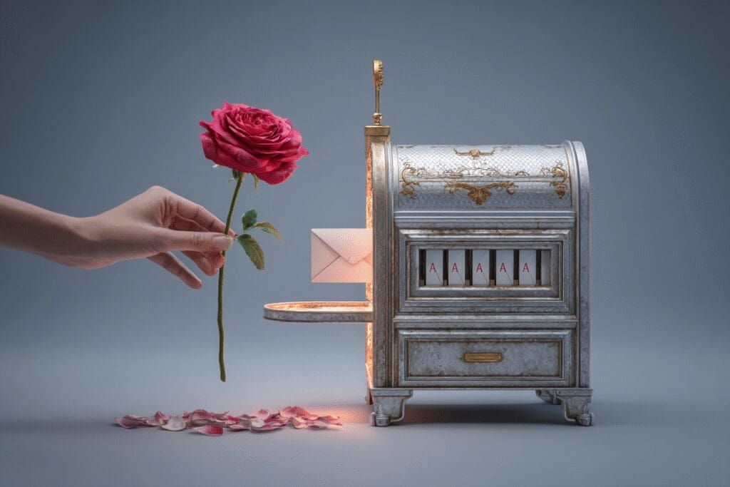 A rose being put into a VIP mail slot explaining the answer to the FAQ on how do Roses work on Hinge