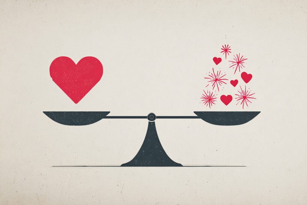 A scale weighing a heart against fireworks answering the FAQ is Hinge a hookup site
