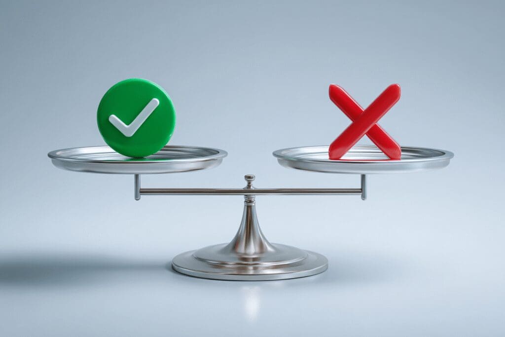 A scale weighing pros and cons reviewing if Bumble is a good dating app