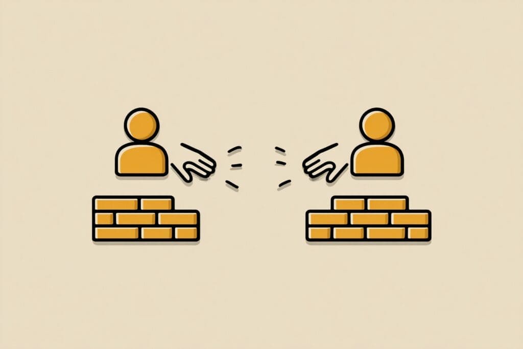 Hands building a brick wall between two profiles a guide for the FAQ on how to block someone on Hinge