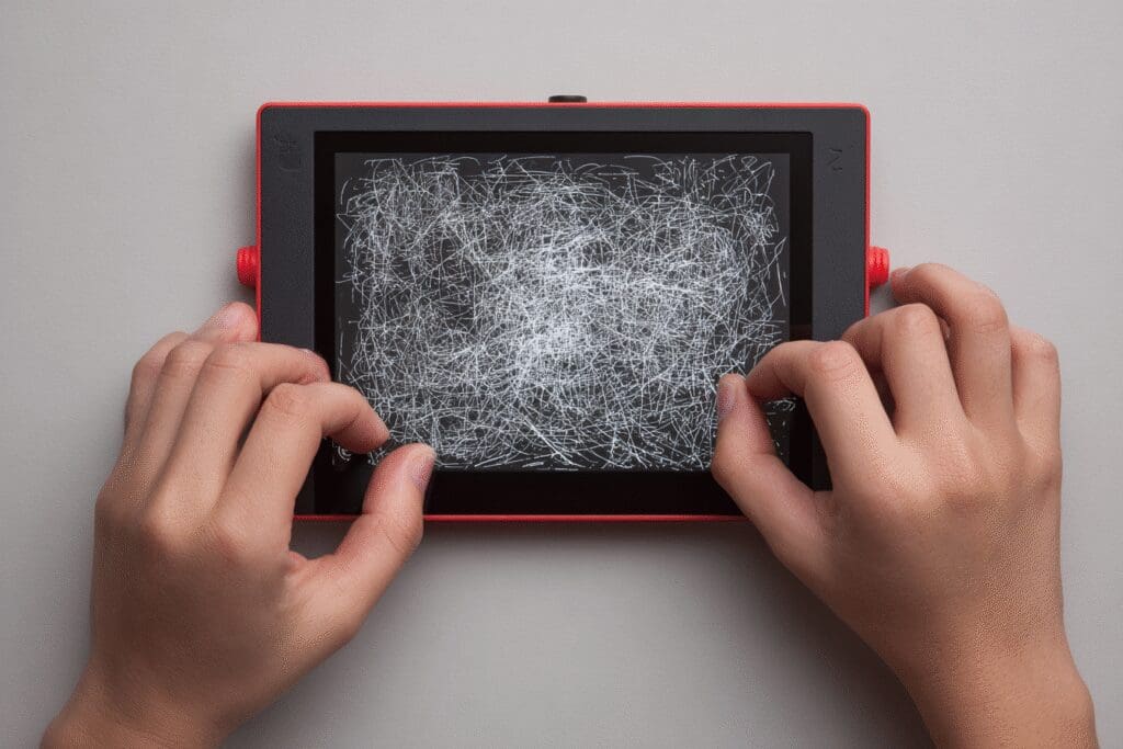 Shaking an Etch A Sketch clean a visual guide for the FAQ on how to reset your Hinge algorithm