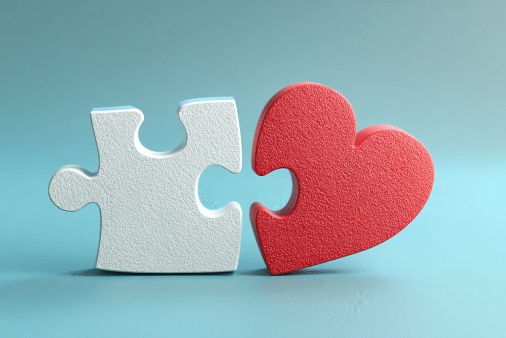 Two puzzle pieces forming a heart a metaphor for the FAQ on how to match on Hinge