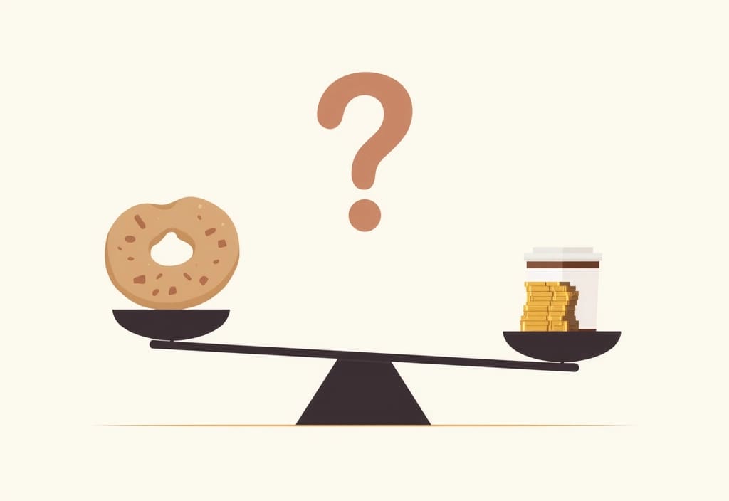 a balance scale weighing a coffee and bagel against a stack of coins asking is coffee meets bagel free