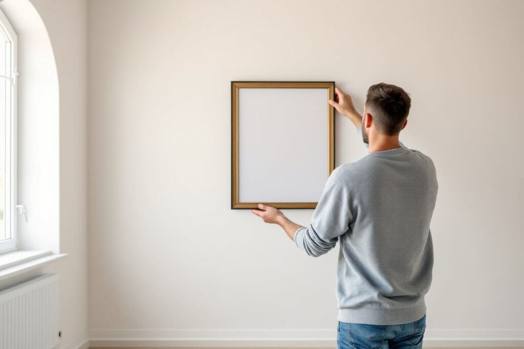 a conceptual photo exploring why men rebound showing a man hanging an empty picture frame in a bare room symbolizing a quick attempt to fill a void