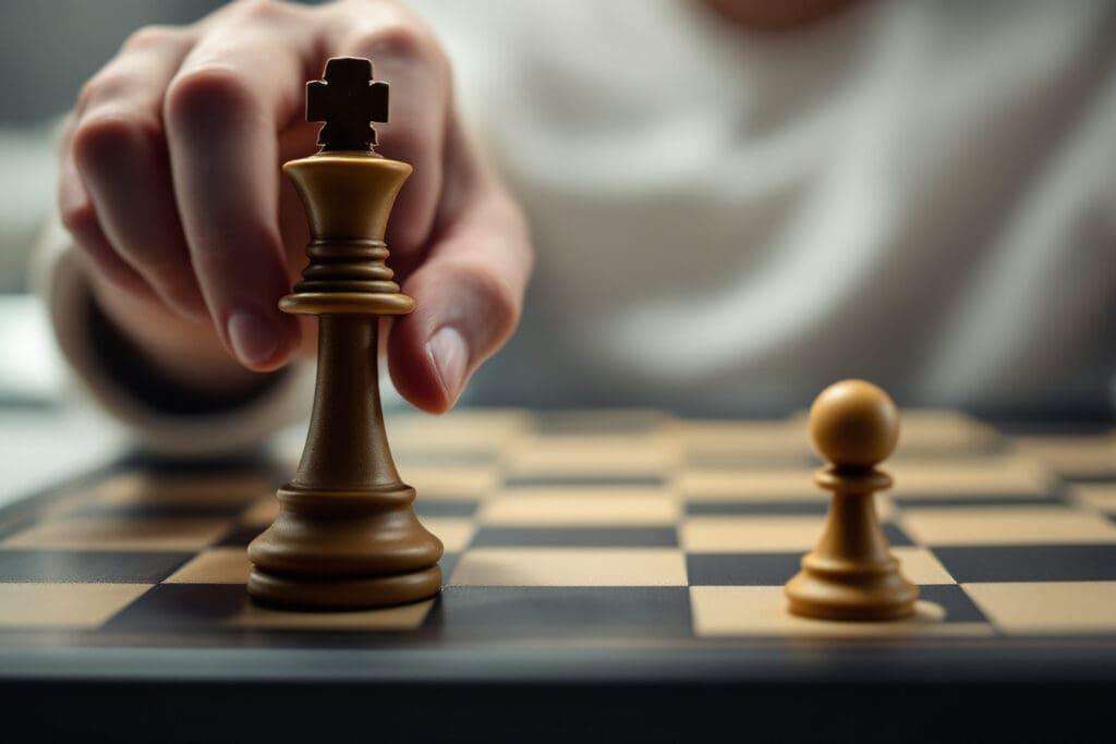 a conceptual photo representing a backup plan showing a chess player about to move a queen while a lone pawn waits on the side of the board