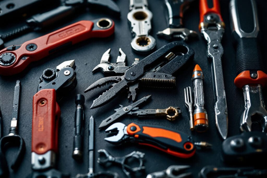 a detailed photo representing a backup plan showing a neatly organized toolkit with a smaller multi-purpose survival tool discretely tucked away
