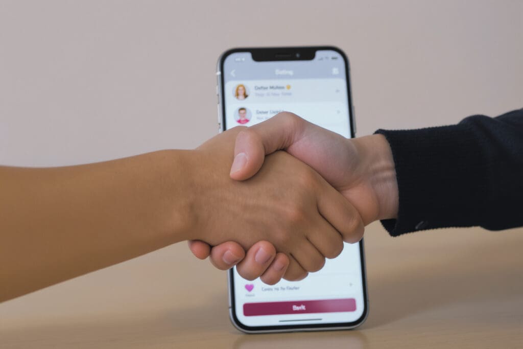 a handshake symbolizing trust in front of a dating app addressing the question is bumble legit