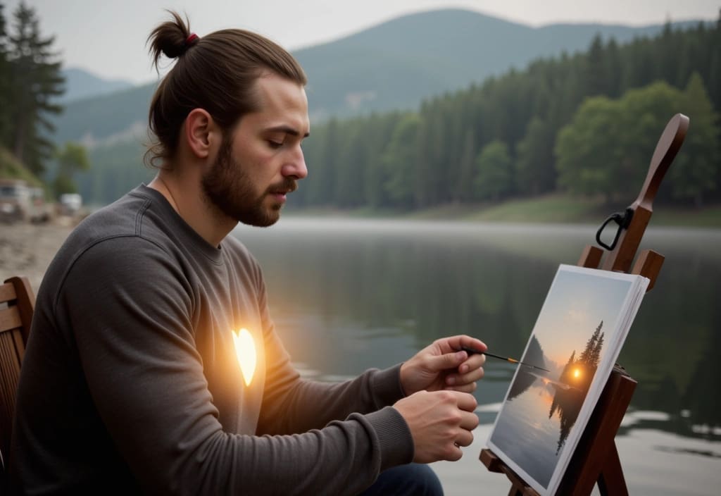a man engaged in a solitary hobby with a subtle glow around his heart indicating a woman is often on his mind