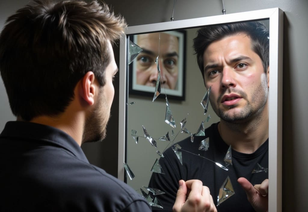 a mans distorted angry reflections hinting at internal sources of his quick temper