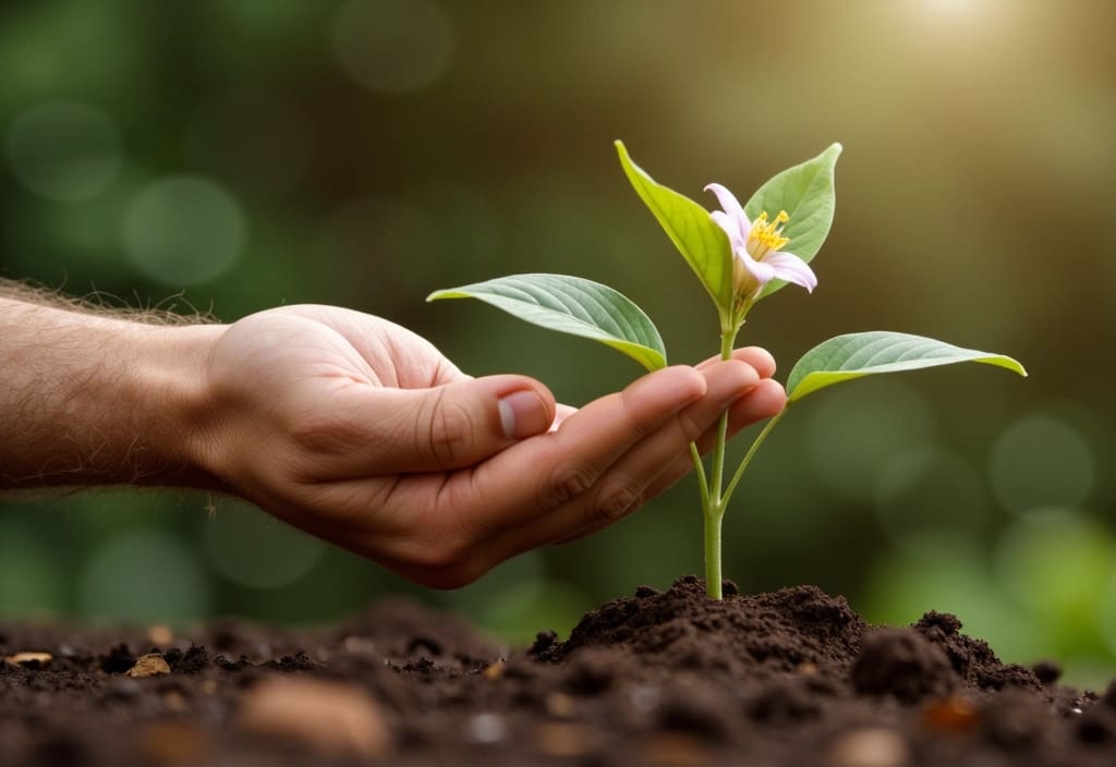 a mans hand nurturing a plant symbolizing the appeal of a protective and caring role