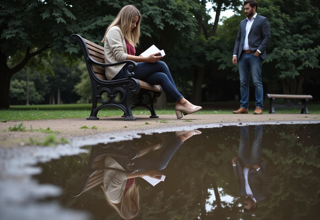 a mans reflection in a puddle gazing at a woman who is unaware depicting he looks at me when im not looking