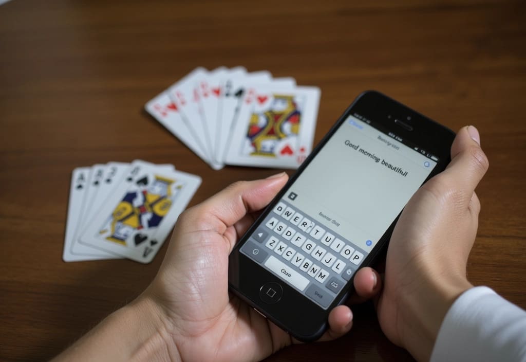 a person sending a morning text with playing cards on the table asking the question do players send good morning texts