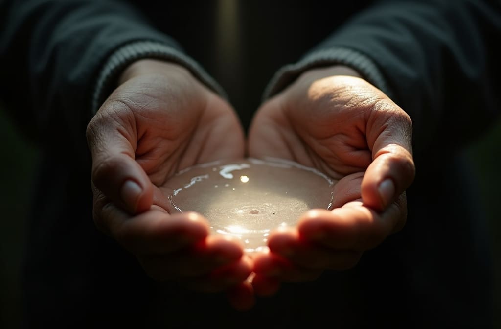 a photo illustrating the pure soul meaning with a close-up of aged hands gently holding clear water in a beam of light symbolizing gentleness and purity