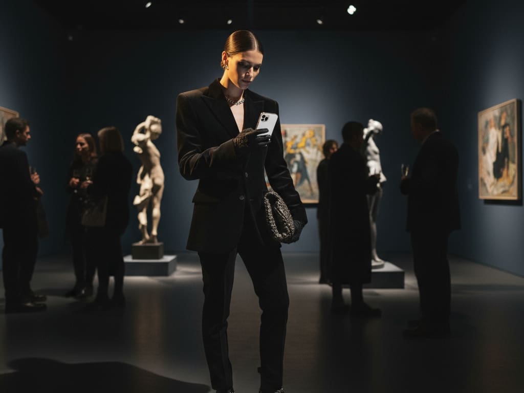 a photograph symbolizing the exclusive raya dating app showing a creative high-profile individual at a private event discreetly checking their phone