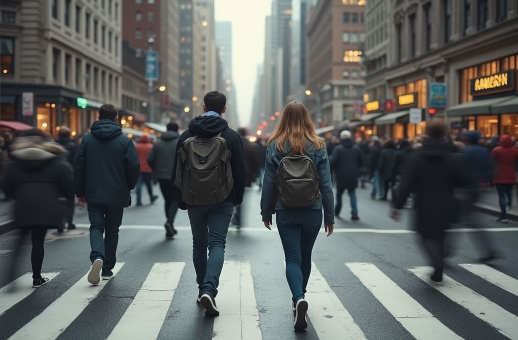 a realistic image asking why do i keep crossing paths with my crush showing two people about to intersect on a busy city crosswalk symbolizing fate