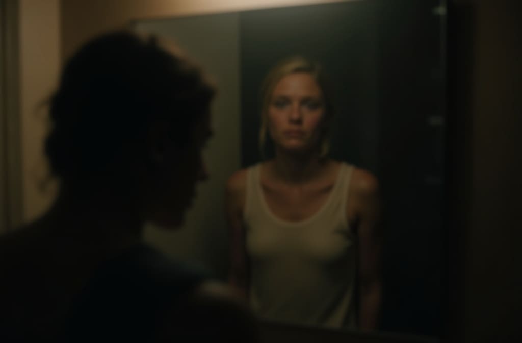 a realistic image capturing the feeling of not recognizing yourself in the mirror showing a person staring at their own subtly blurred and distorted reflection