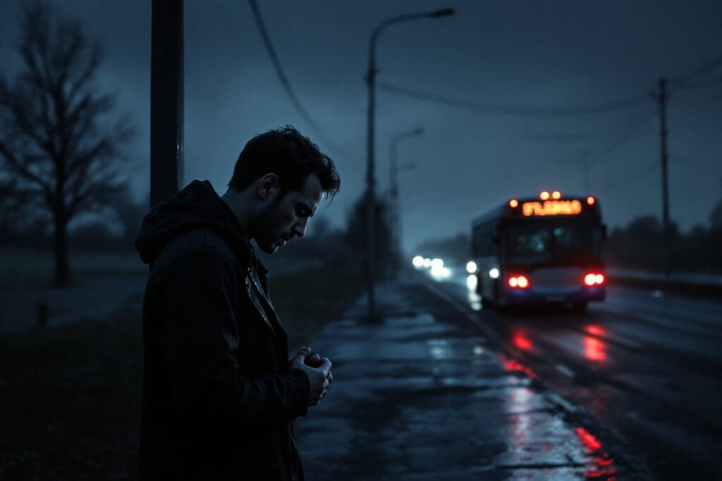 a realistic image portraying will he regret it showing a man at a rainy bus stop at dusk with a pained expression reflecting deep remorse