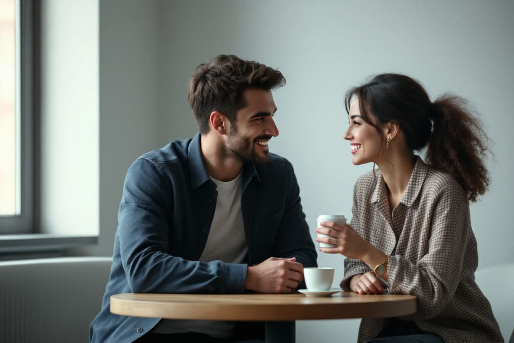 a realistic image showing the dynamic of why do men test women with a man observing a woman intently across a table