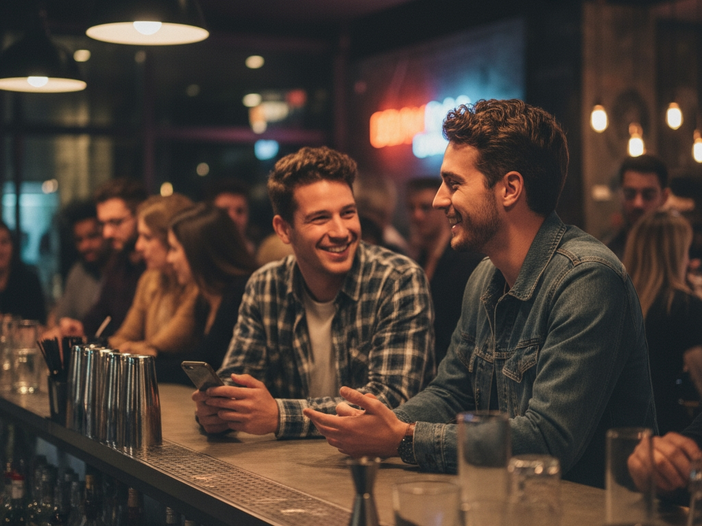 a realistic photo capturing the moment two men connect at a bar symbolizing the fast real-world meetups facilitated by grindr