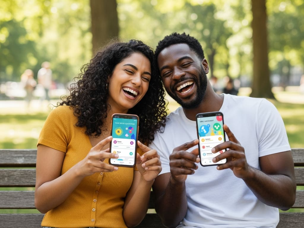 a realistic photo of a couple laughing while comparing their answers on the okcupid app illustrating its unique question-based approach to finding compatibility