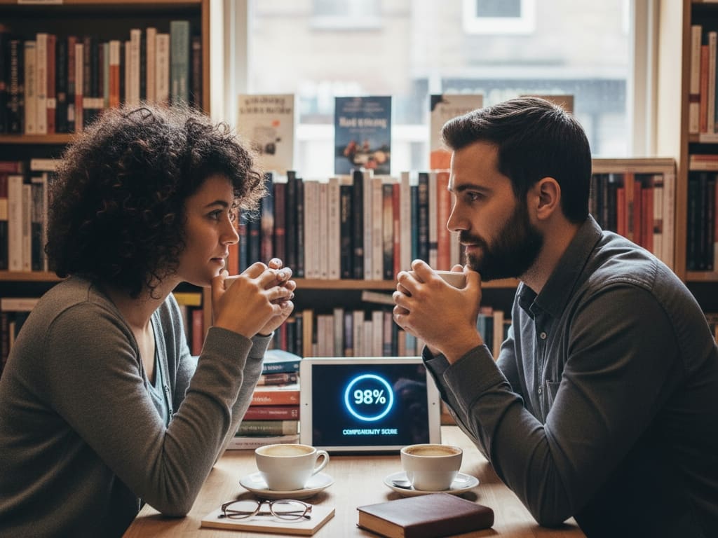 a realistic photo of a couple on a date in a bookstore suggesting a deep connection based on shared interests and personality as facilitated by okcupids question-based algorithm
