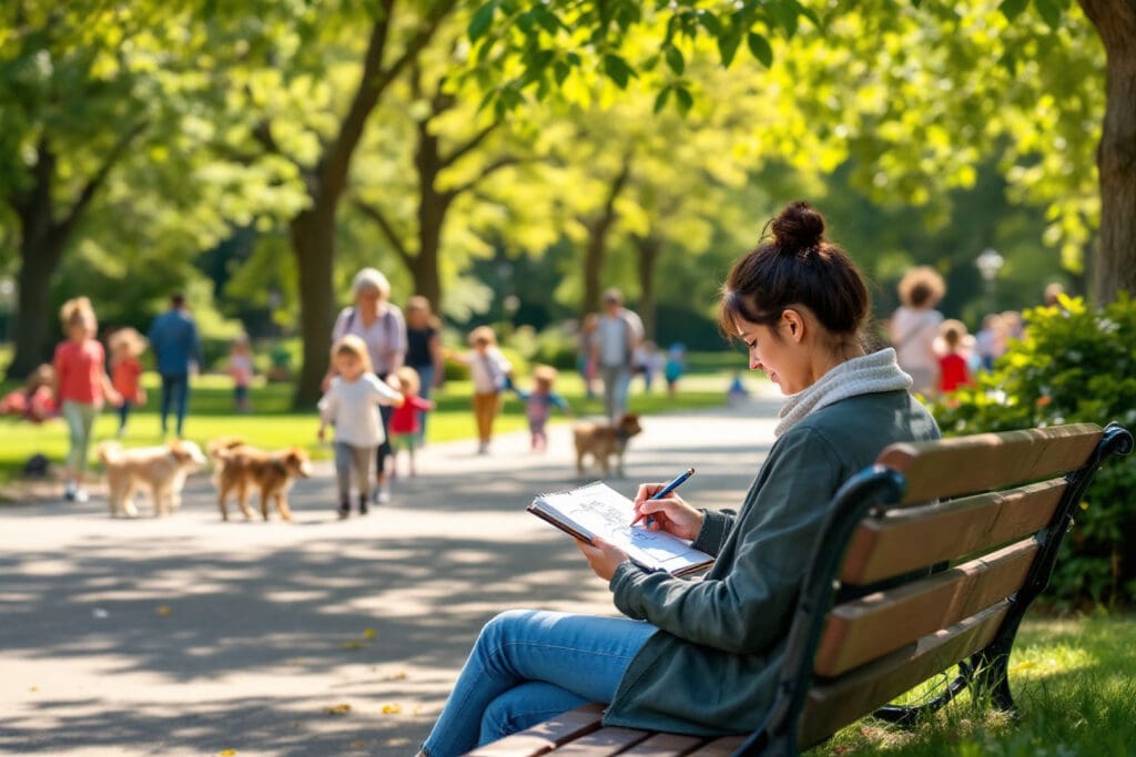 a realistic photo offering a solution for how to stop thinking about him showing a person absorbed in drawing on a park bench amidst activity