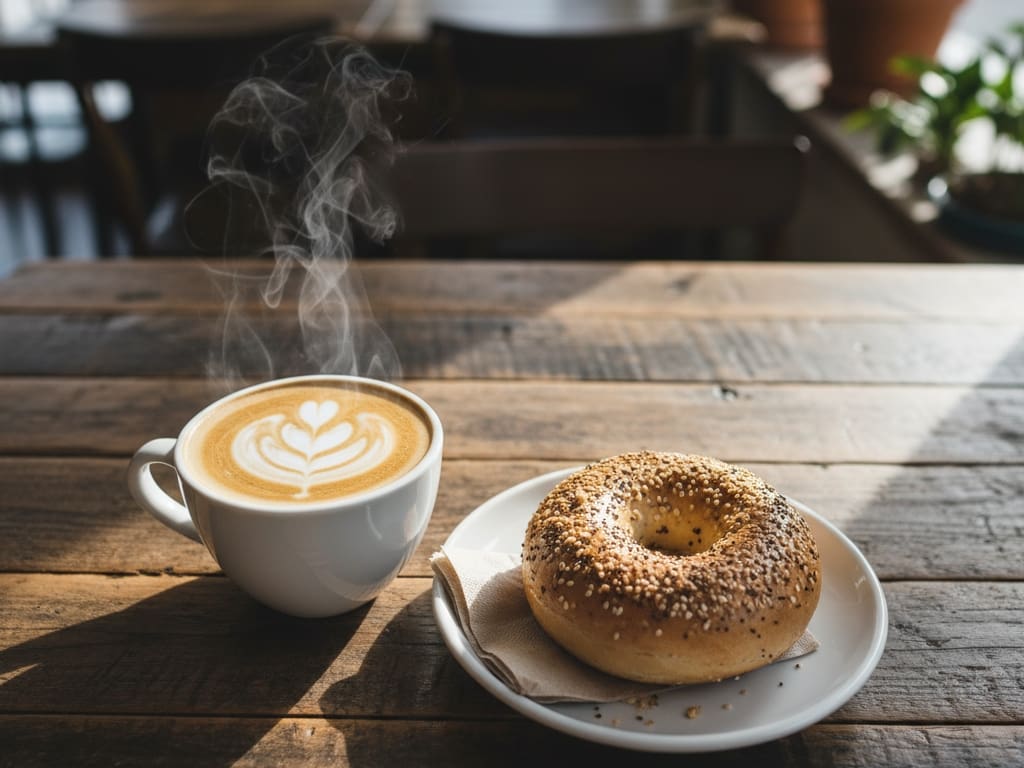 a realistic top-down photograph of a coffee and a bagel on a cafe table representing the curated single daily match offered by the coffee meets bagel app