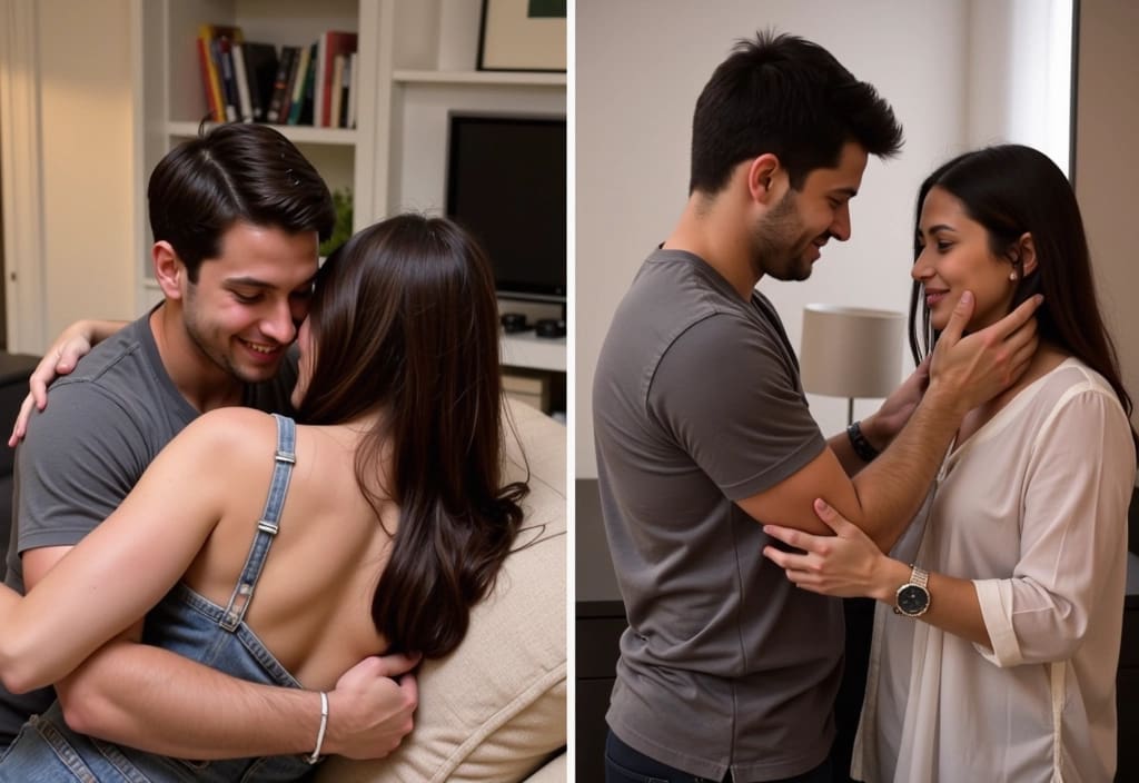 a split image showing a romantic couple cuddling on one side and platonic friends with a friendly gesture on the other
