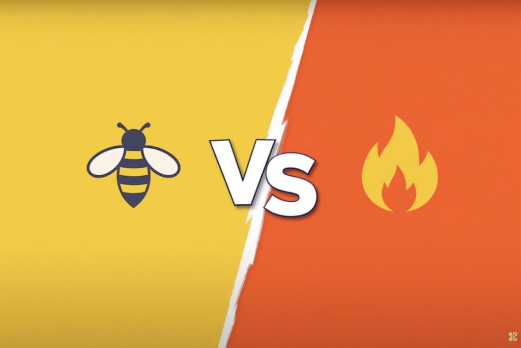 a split screen with a bee icon versus a flame icon for the comparison is bumble better than tinder