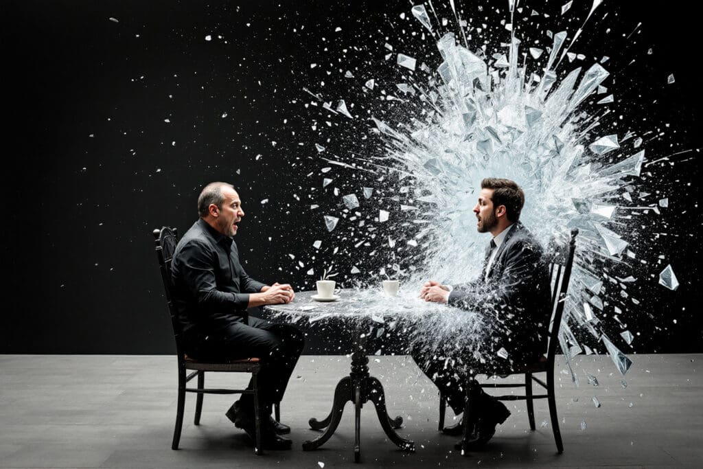 a surreal symbolic image of a blindsided breakup showing a person in shock as the other side of their table shatters without warning