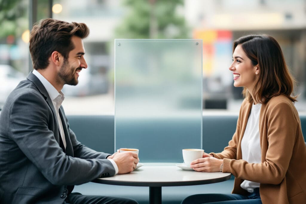 a symbolic image about being friends with your ex showing a man and woman talking happily across a café table divided by a clear glass pane