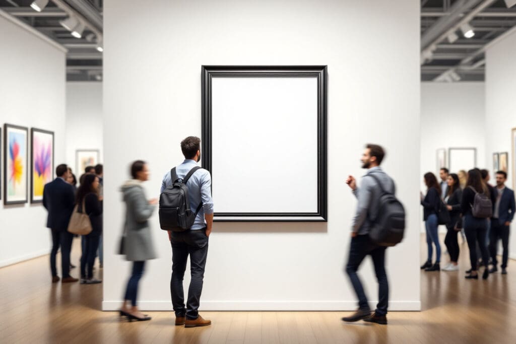 a symbolic image explaining why men rebound showing a man staring intently at an empty picture frame on a gallery wall representing a void