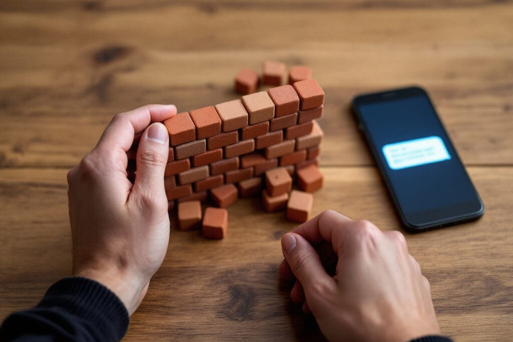 a symbolic image illustrating the no contact rule showing hands building a brick wall to block off a smartphone with a notification