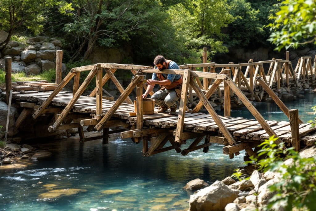 a symbolic image of a man meticulously building a strong wooden bridge across a river representing what makes a man commit to building a lasting connection