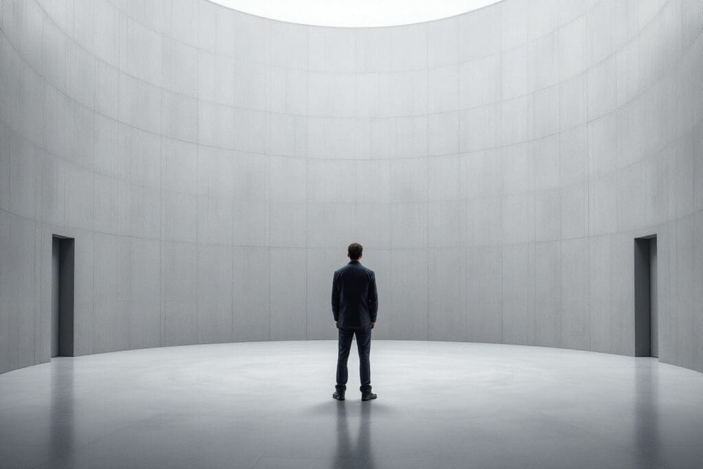 a symbolic image of emotionally unavailable men showing a man standing in a vast featureless concrete room with no visible entry or exit