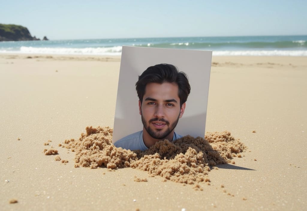 a user profile photo dissolving into sand illustrating how to delete badoo account