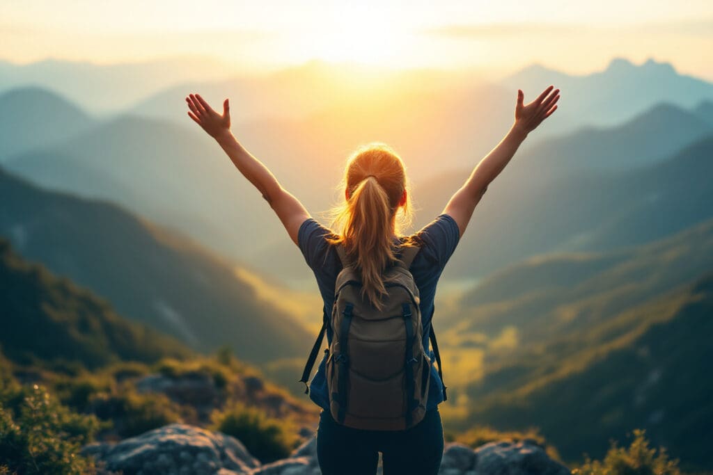 an empowering photo demonstrating how to stop thinking about him with a woman on a mountain peak at sunrise looking towards a new horizon