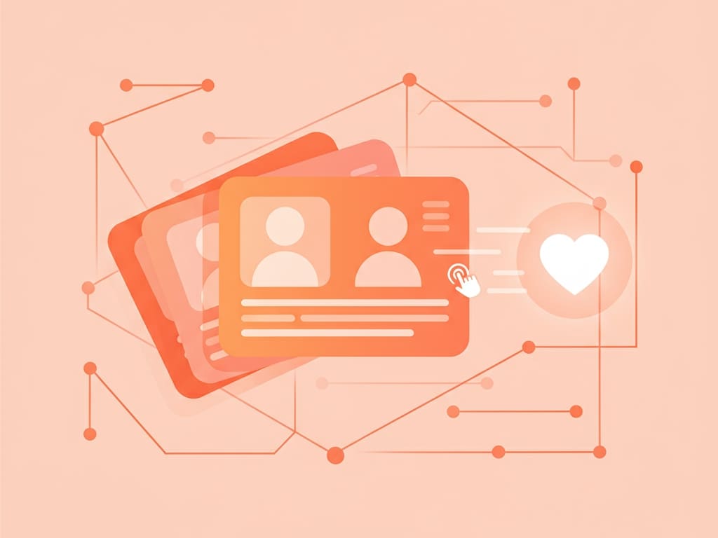 an illustration explaining the tinder algorithm with profile cards being swiped right to create a match which is represented by a heart icon