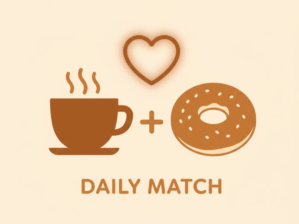 an illustration showing how the coffee meets bagel app works with a coffee cup and a bagel icon combining to create a heart symbolizing a daily curated match