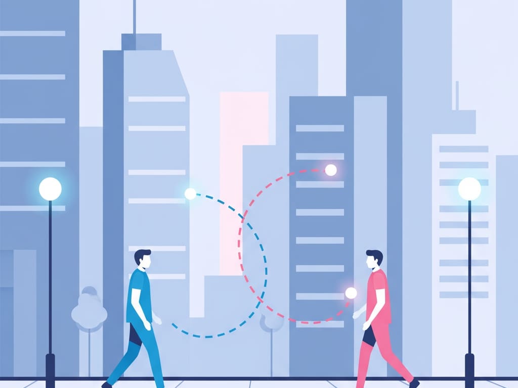 an illustration showing two peoples paths crossing on a street with a digital line connecting them symbolizing how the happn app works to find people youve encountered
