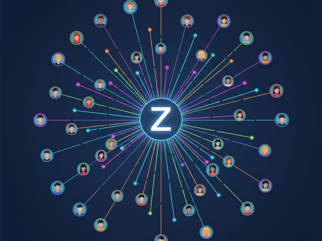 an illustration symbolizing the zoosk dating site with a central icon connecting to a wide network of diverse users representing its behavioral matchmaking algorithm