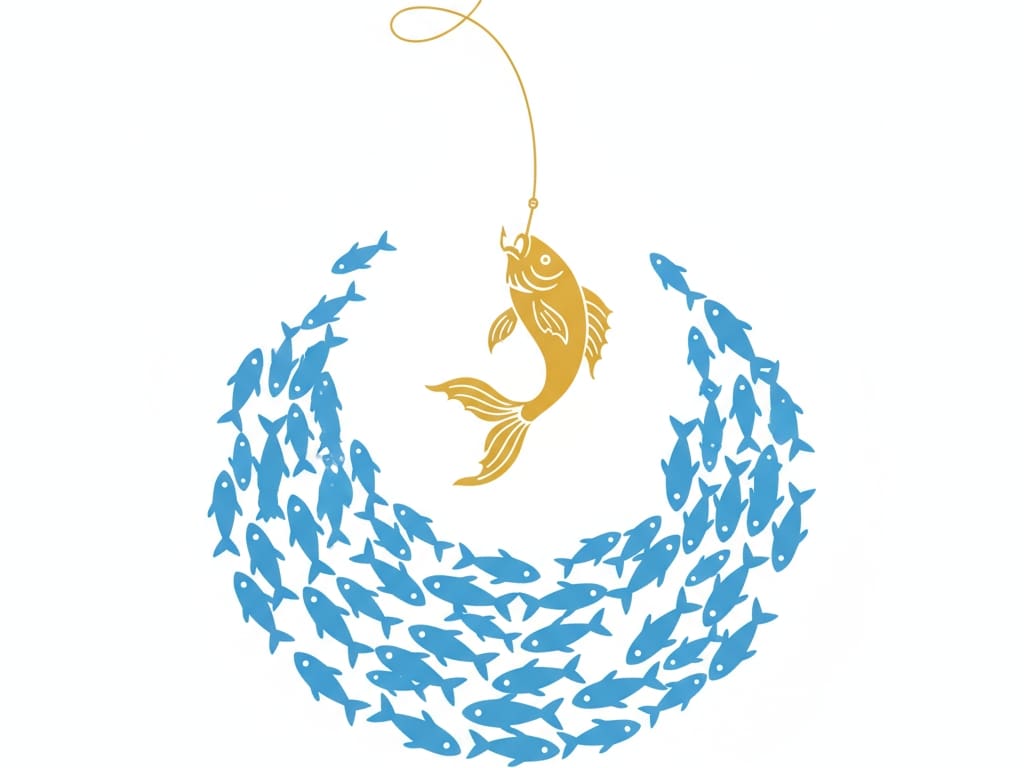 an image symbolizing a review of the plenty of fish dating app with one unique golden fish being chosen from a vast sea of others