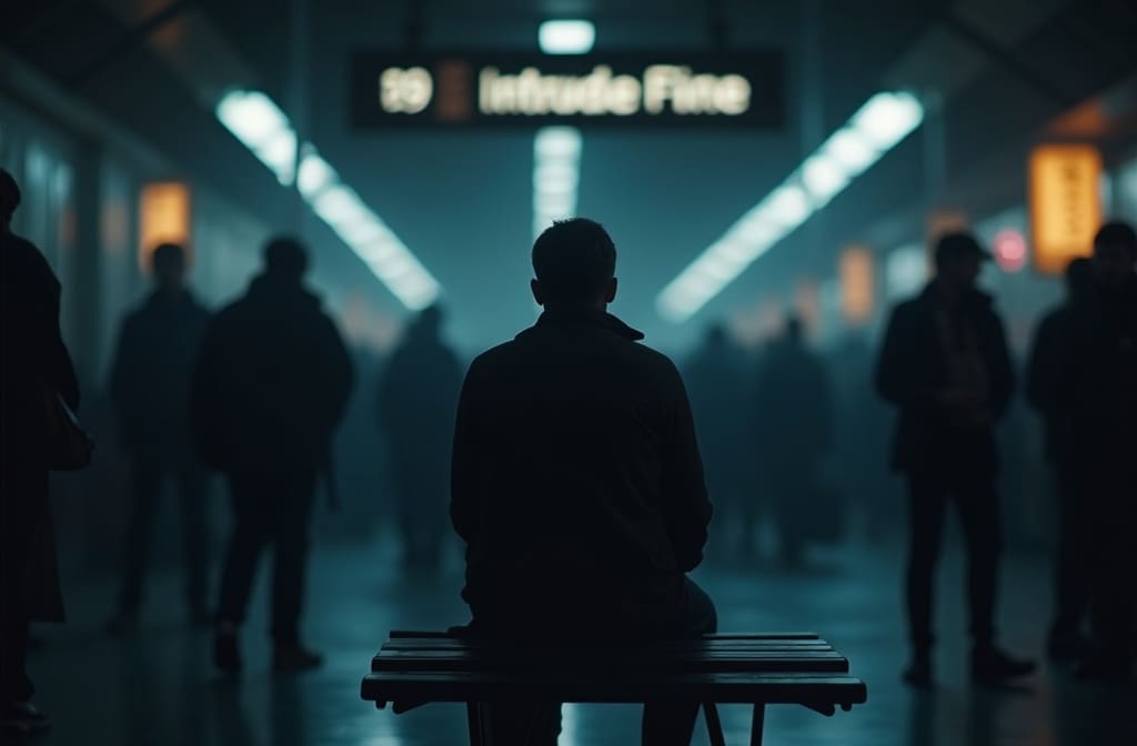 an image that visualizes the cold person meaning showing a lone individual sitting in cool light within a warm bustling train station appearing emotionally distant