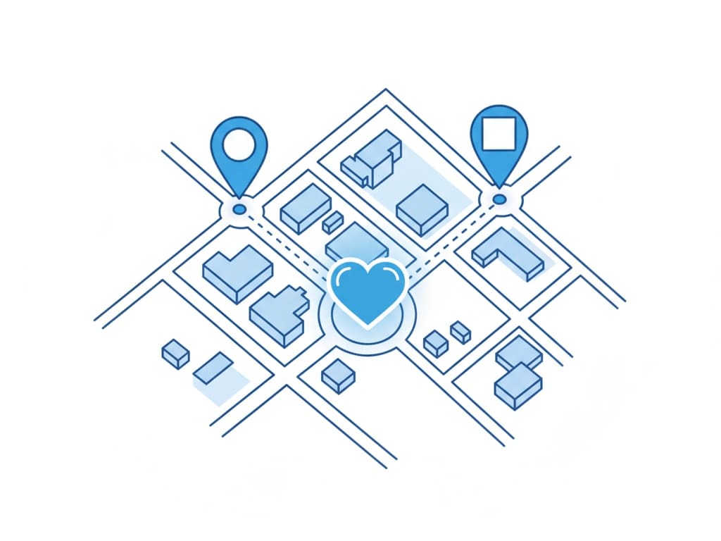 an infographic showing how happn works with two location pins on a map whose paths cross and form a heart icon to symbolize a connection