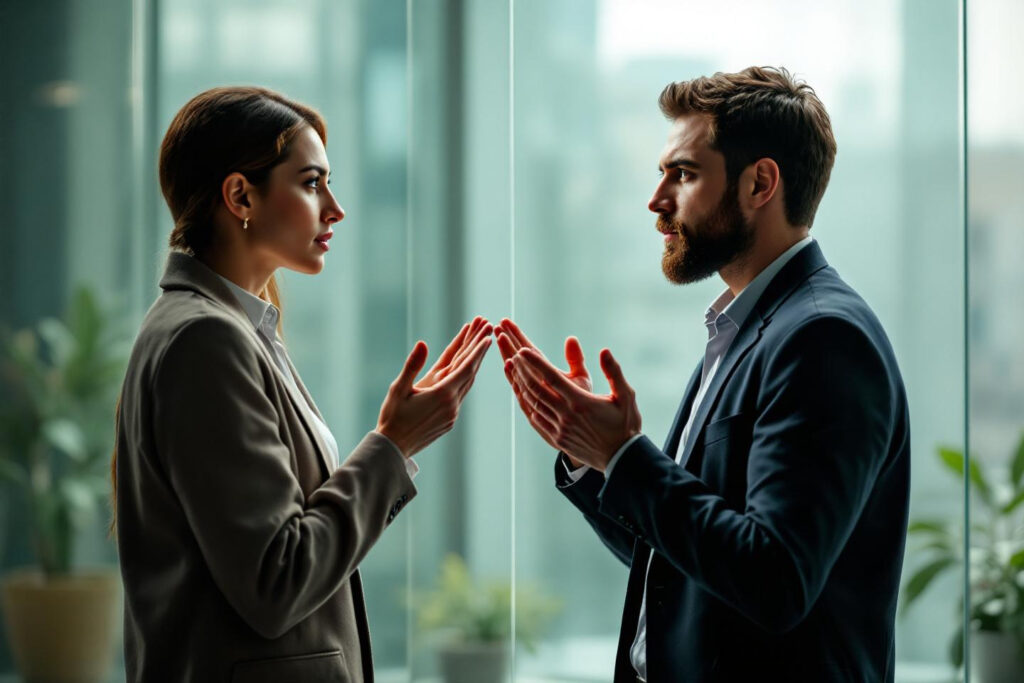 a couple calmly discussing through a clear glass wall using hand gestures illustrating how to argue respectfully