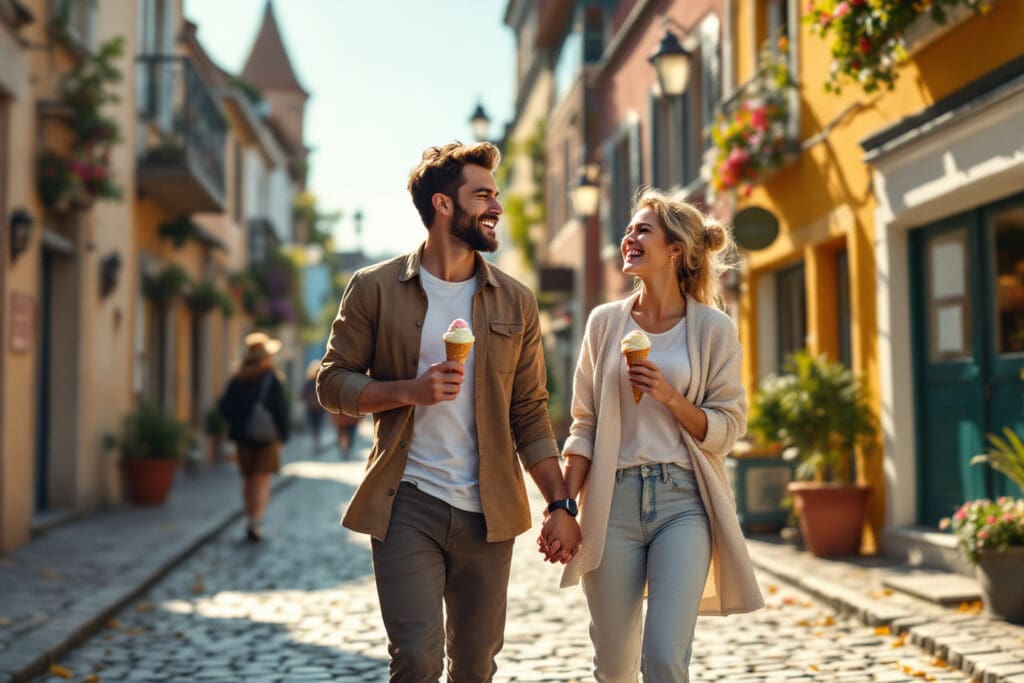 a couple happily eating ice cream while walking through an old town a great example of charming first date ideas