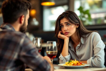 Hung Up on Her Ex: Is She Really Over Him? a distracted woman on a date looking past her partner with a nostalgic expression a clear sign she is hung up on her ex