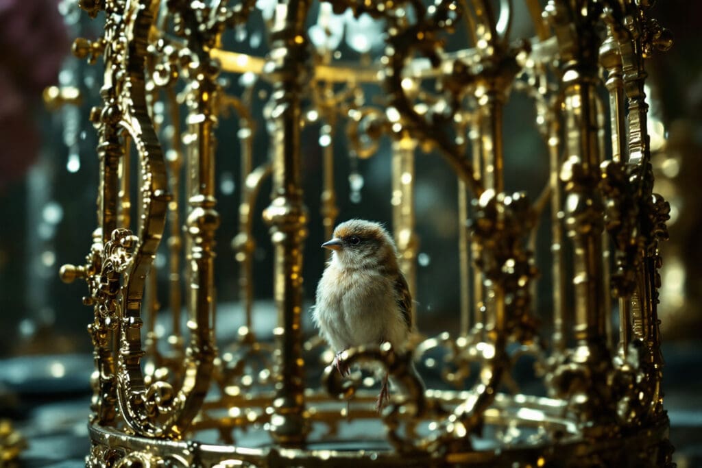 a small bird in a disproportionately large ornate open cage symbolizing the overwhelming and sometimes confining nature of love bombing